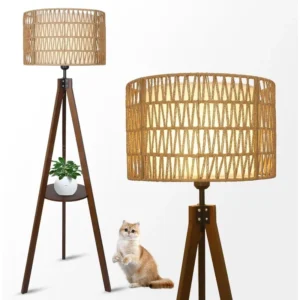 Boho Tripod Floor Lamp with Shelves, Mid Century Wood Standing Lamp with Rattan & Fabric Shades, ON/Off Foot Switch