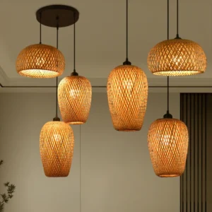 3 Pcs Lustre Rattan Wicker Lamp Shade Pendant Light Bamboo Ceiling Chandelier Set Suspended Luminaire Handmade Home Room Decor