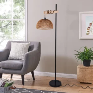 Bymaocar Smart Floor Lamp Standing Light Remote & APP Control with Rattan Lampshade and Stepless Dimmer for Living Room Office