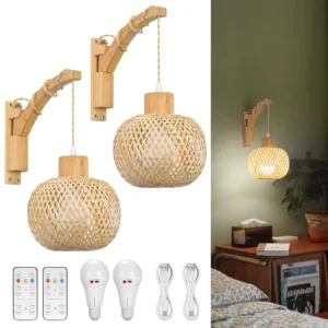 Rattan Battery Operated Wall Sconce, Rechargeable Wall Sconce Set of 2, Wooden Swing Arm Woven Bamboo Lantern Wall Light